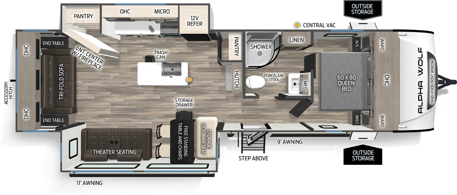 The Alpha Wolf 26RL floorplan has one entry and two slide outs. Exterior features include: fiberglass exterior and 11' & 9' awning. Interiors features include: kitchen island, free-standing dinette option, front bedroom and rear living.